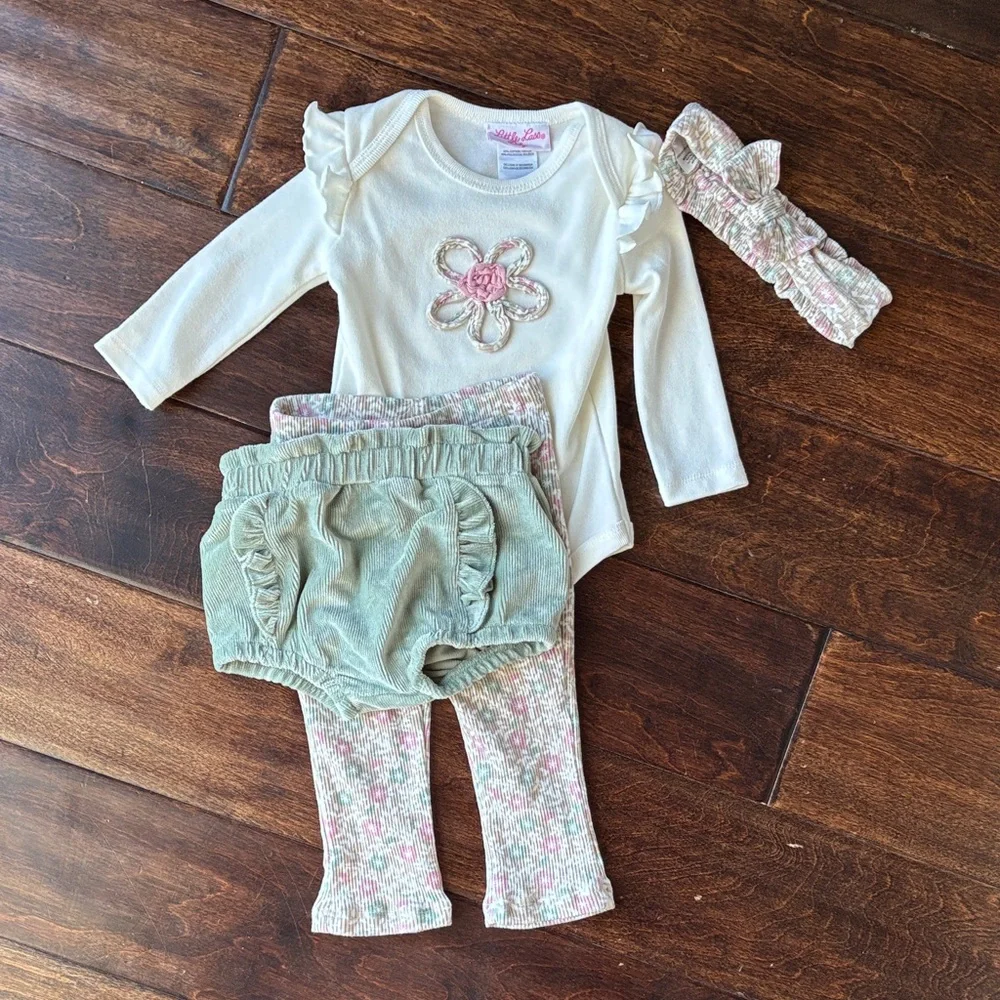 Little Lass Cream & Mint Floral 3-Piece Matching Set - Picture 1 of 4